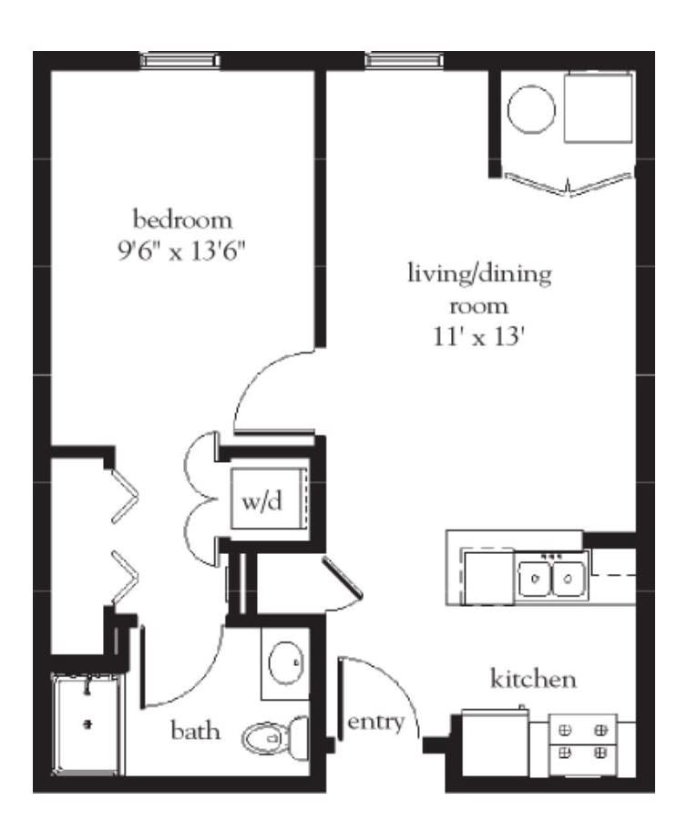 A floor plan of a one-bedroom apartment with distinct living, kitchen, and bathroom areas.