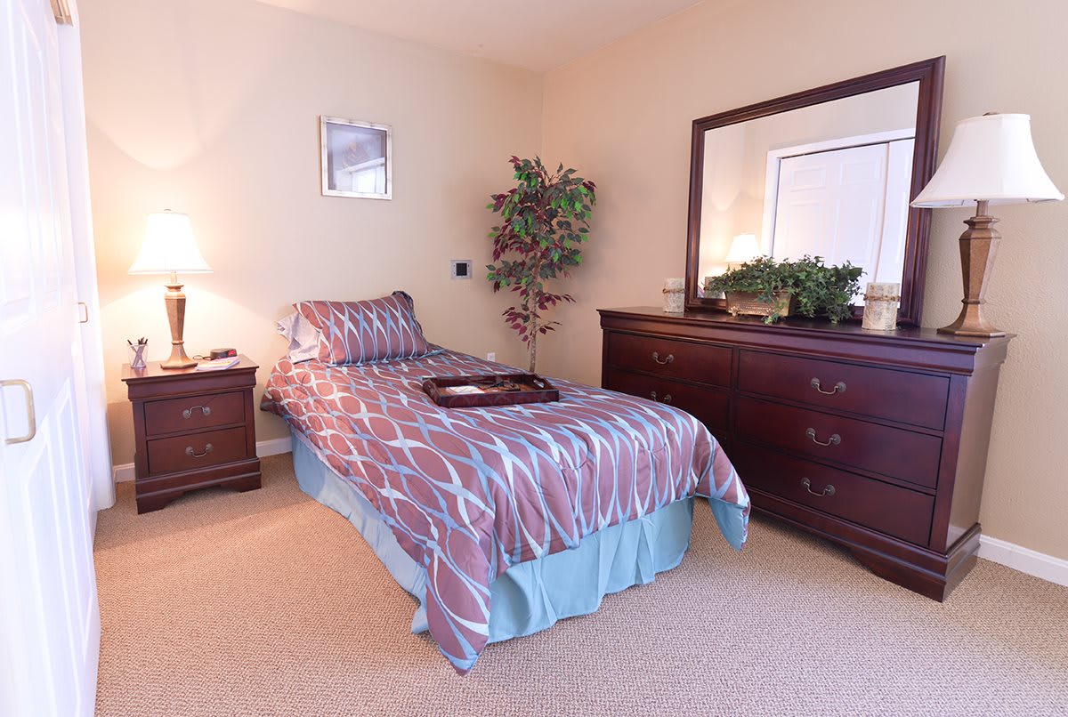 A cozy bedroom with a single bed, dresser, and potted plant.