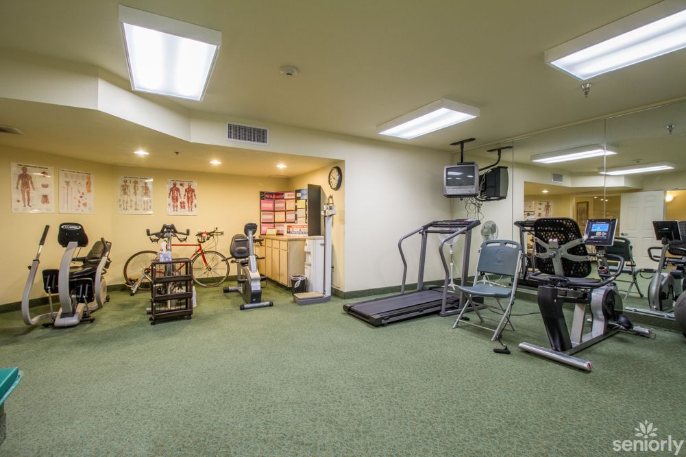 A well-equipped home gym featuring a treadmill, stationary bike, and various exercise equipment.