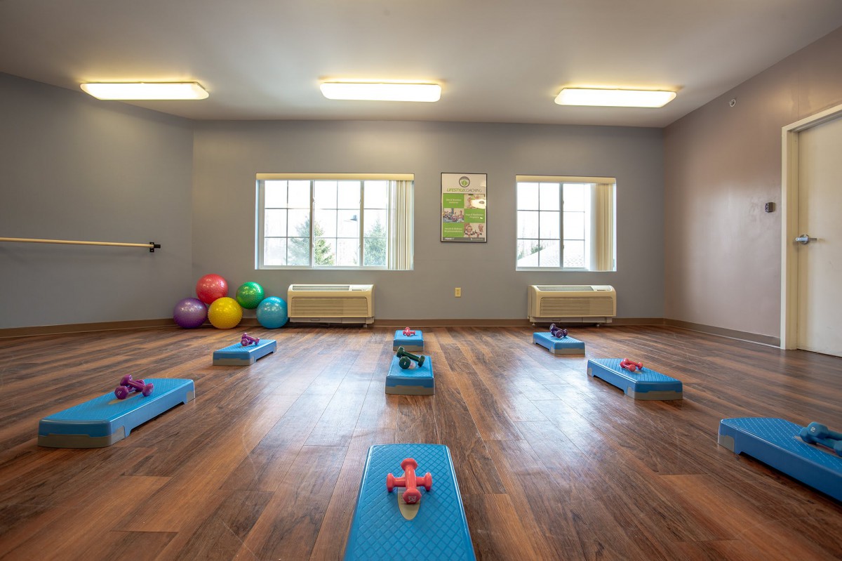 A serene yoga studio with exercise mats and fitness balls, ready for a workout session.