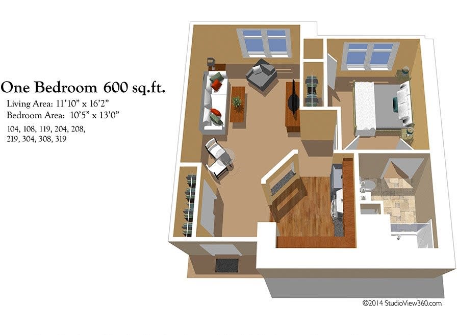 3D floor plan of a 600 sq. ft. apartment with detailed room dimensions and furniture layout.