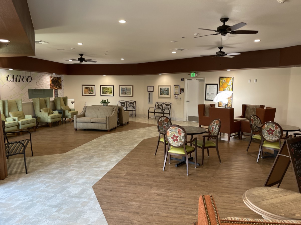 A modern lounge area with comfortable seating and stylish decor.