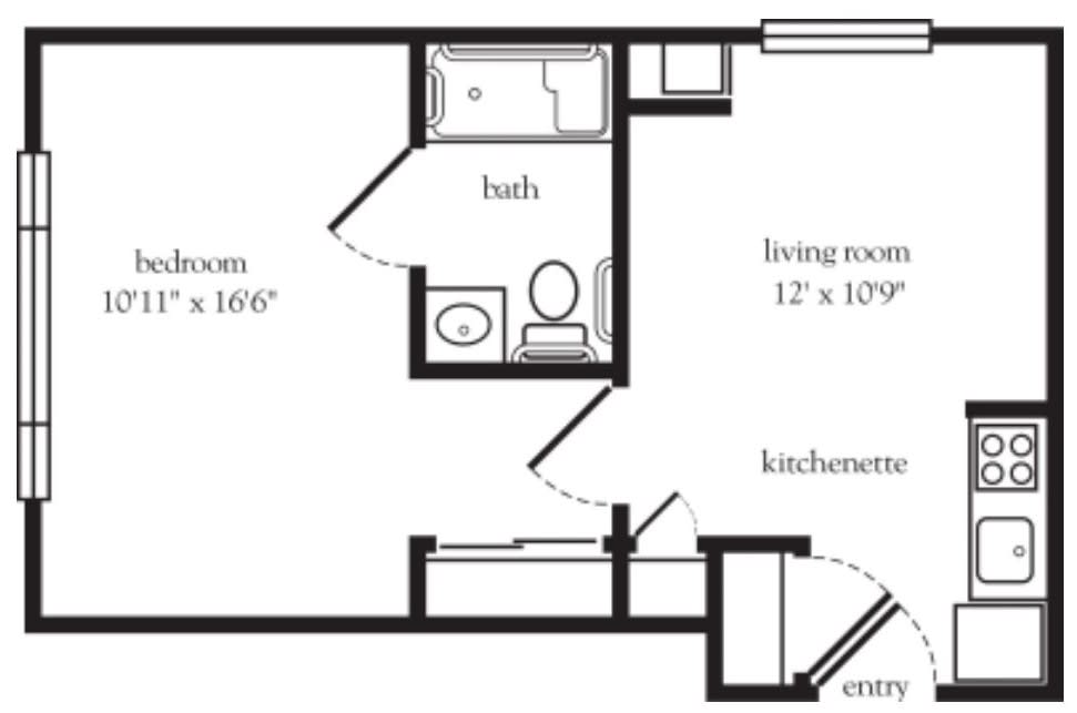 A floor plan of a small apartment featuring a bedroom, living room, kitchen, and bathroom.