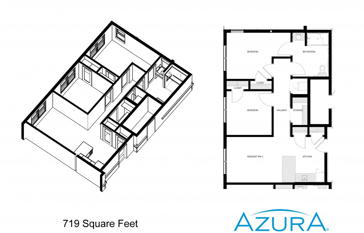 A detailed floor plan and 3D layout of an apartment with various rooms and spaces.
