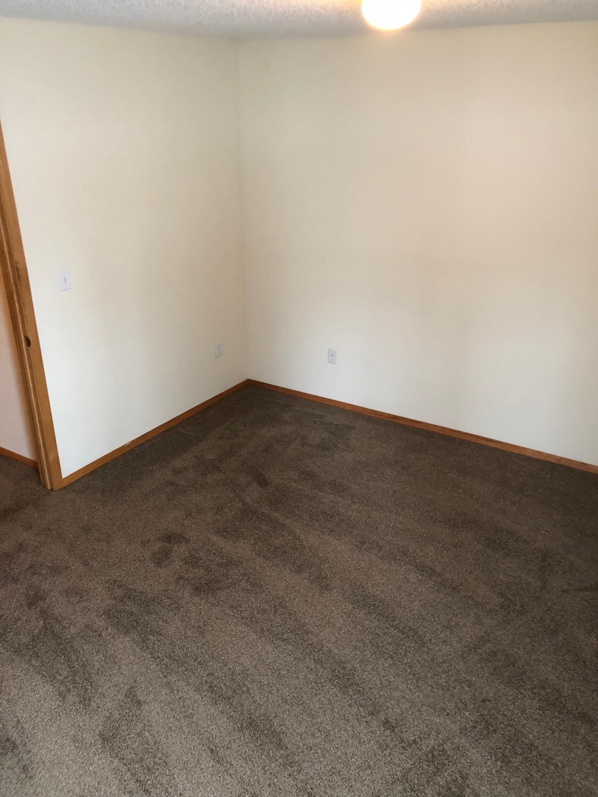 An empty room with a carpeted floor and white walls, featuring a corner view.