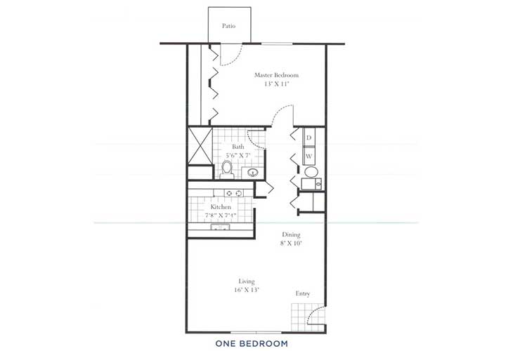 Floor plan of a one-bedroom apartment.