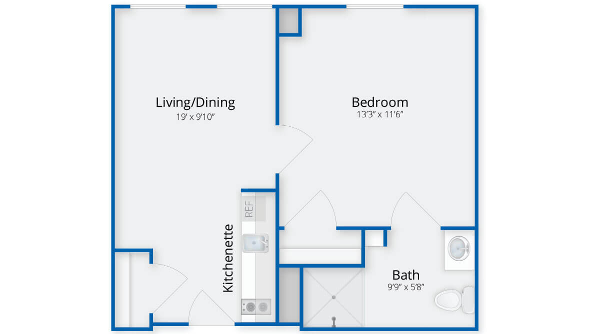 A floor plan depicting a one-bedroom apartment layout with labeled areas for Living/Dining, Bedroom, Kitchenette, and Bath.
