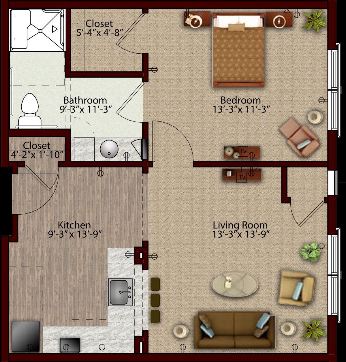 A detailed floor plan of a one-bedroom apartment including a living room, kitchen, bathroom, and closet.