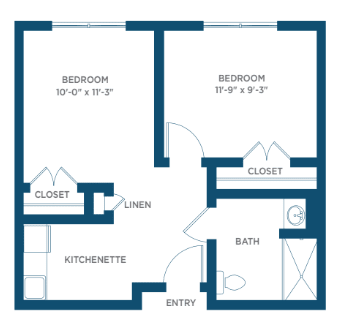 A two-bedroom apartment floor plan with a kitchenette and bathroom.