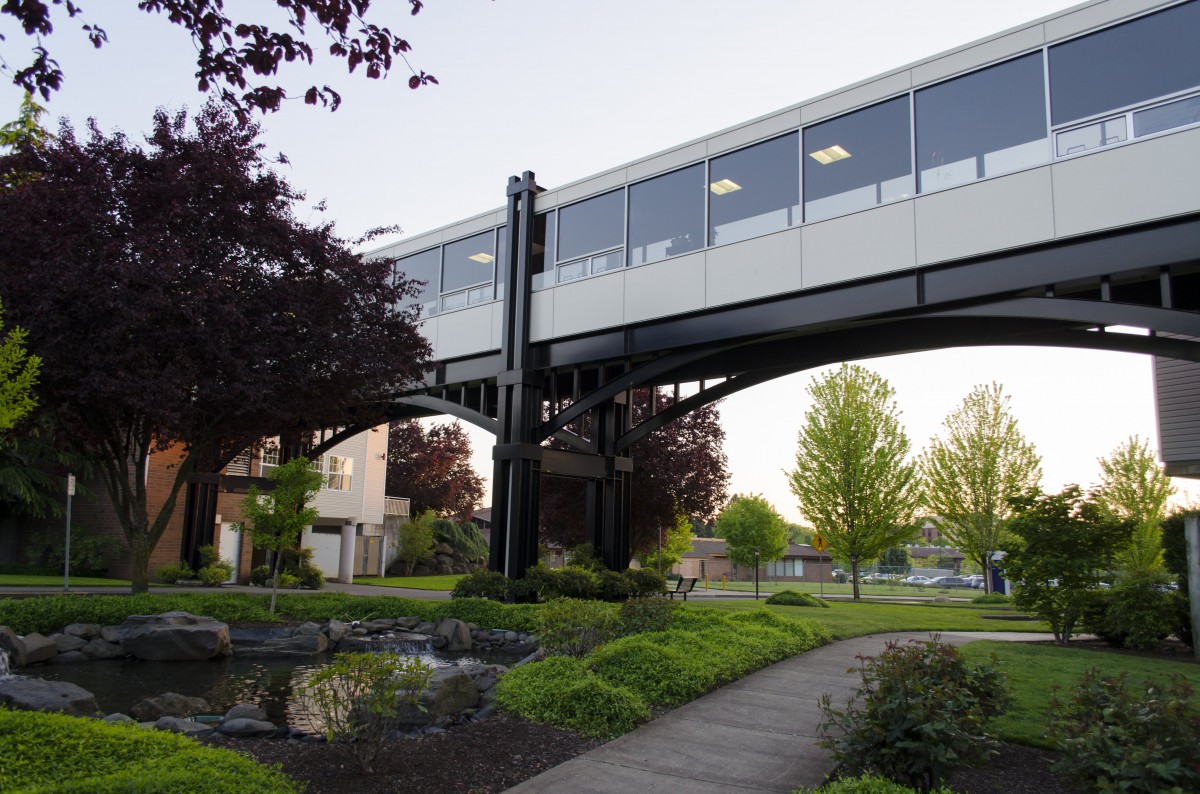 A modern pedestrian bridge spans across a landscaped area with a pathway and trees.