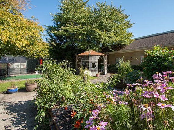A tranquil garden with a gazebo surrounded by blooming flowers and lush greenery on a sunny day.