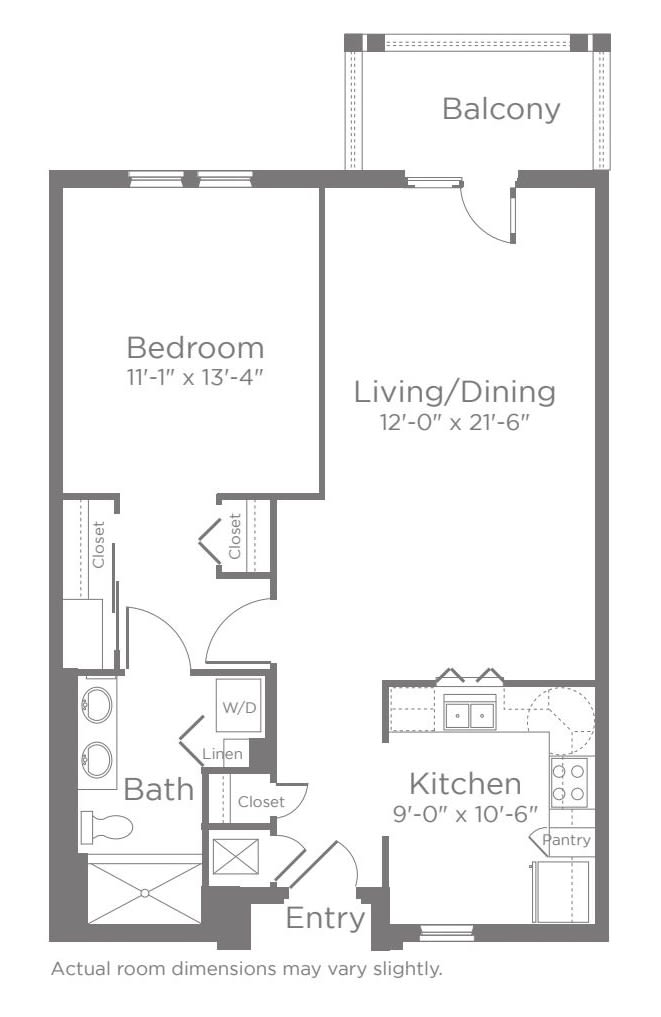 A floor plan of a one-bedroom apartment, featuring a living/dining area, kitchen, and bathroom.