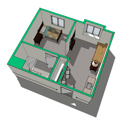 A 3D model of a small apartment floor plan, showcasing the interior layout with furniture placement.