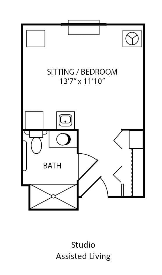 A simple floor plan showing a bedroom and bathroom layout.