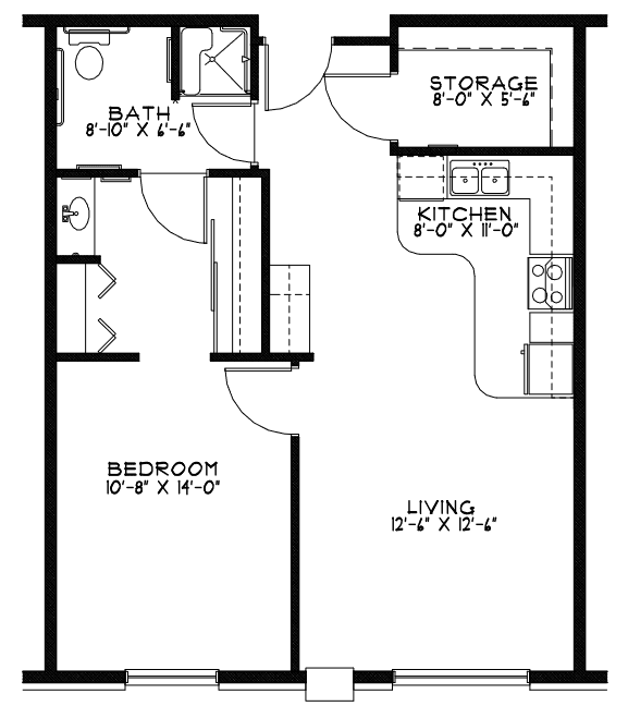 A simple floor plan of a one-bedroom apartment, featuring a kitchen, living room, bathroom, and storage space.