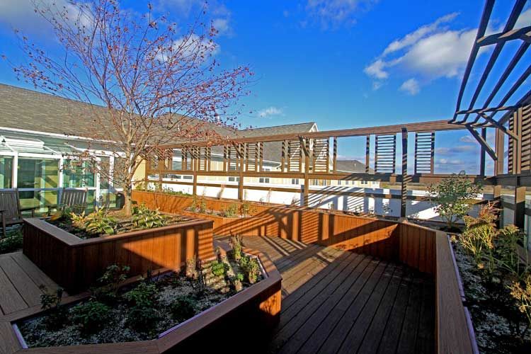 A sunny rooftop garden with wooden decks and scenic views of the surrounding urban landscape.