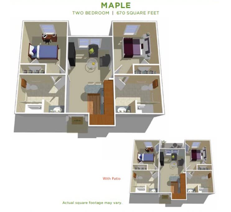 A two-bedroom apartment floor plan featuring a spacious living area, kitchen, and bathroom.