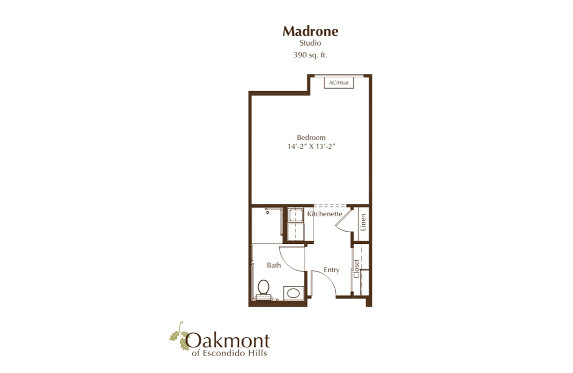Studio apartment floor plan for Oakmont of Concord, model Madrone.