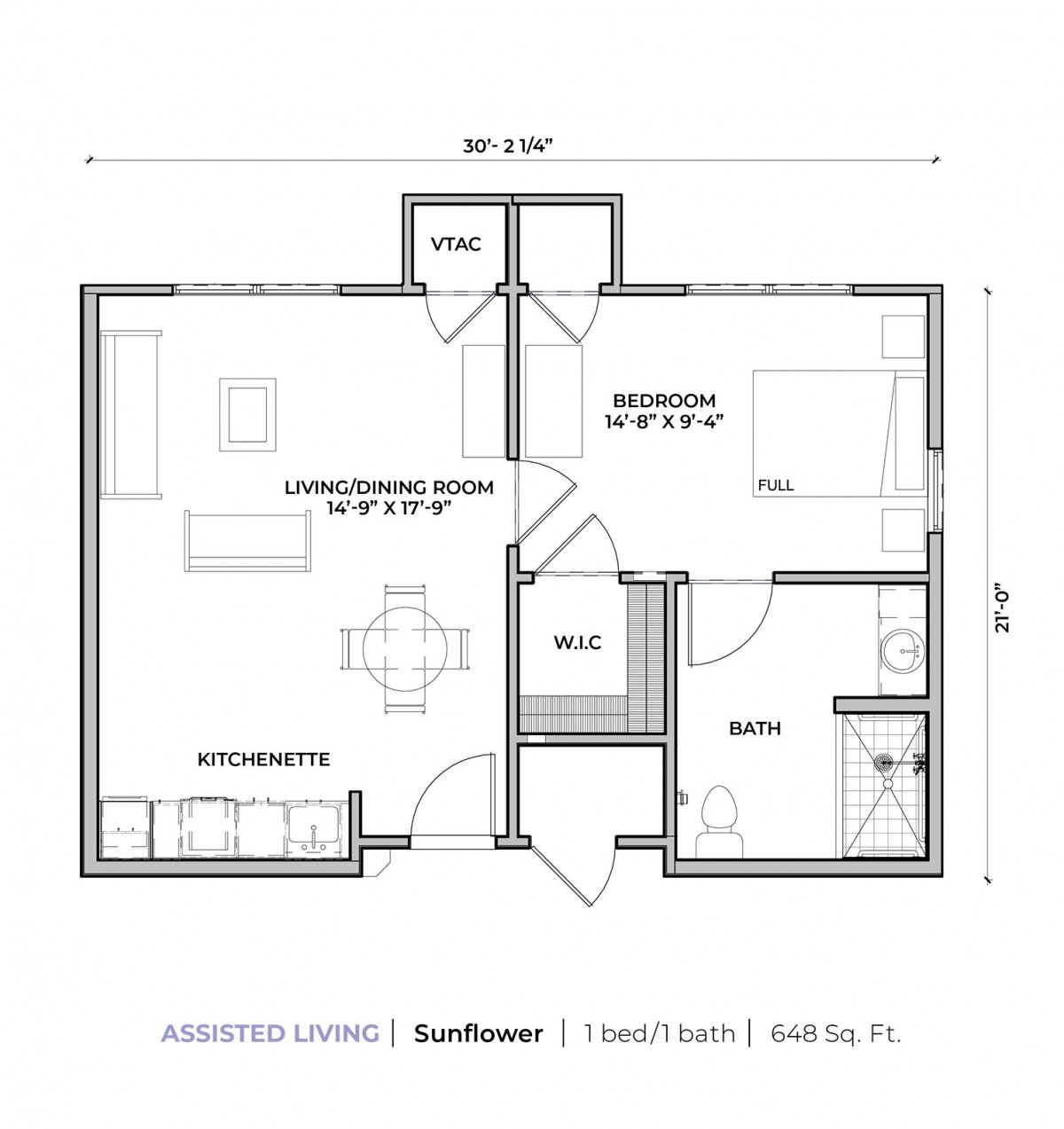 Small home floor plan with one bedroom, one bathroom, and a combined living and dining area.