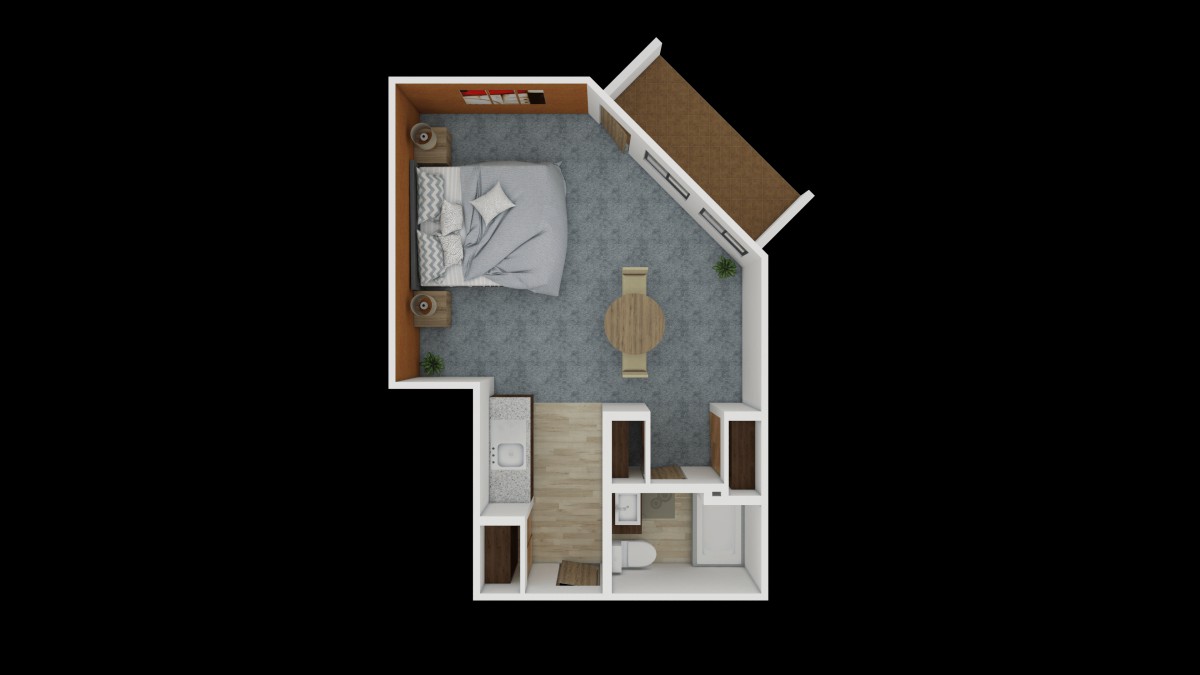 A compact apartment floor plan featuring a bedroom, bathroom, kitchen, living area, and a balcony.