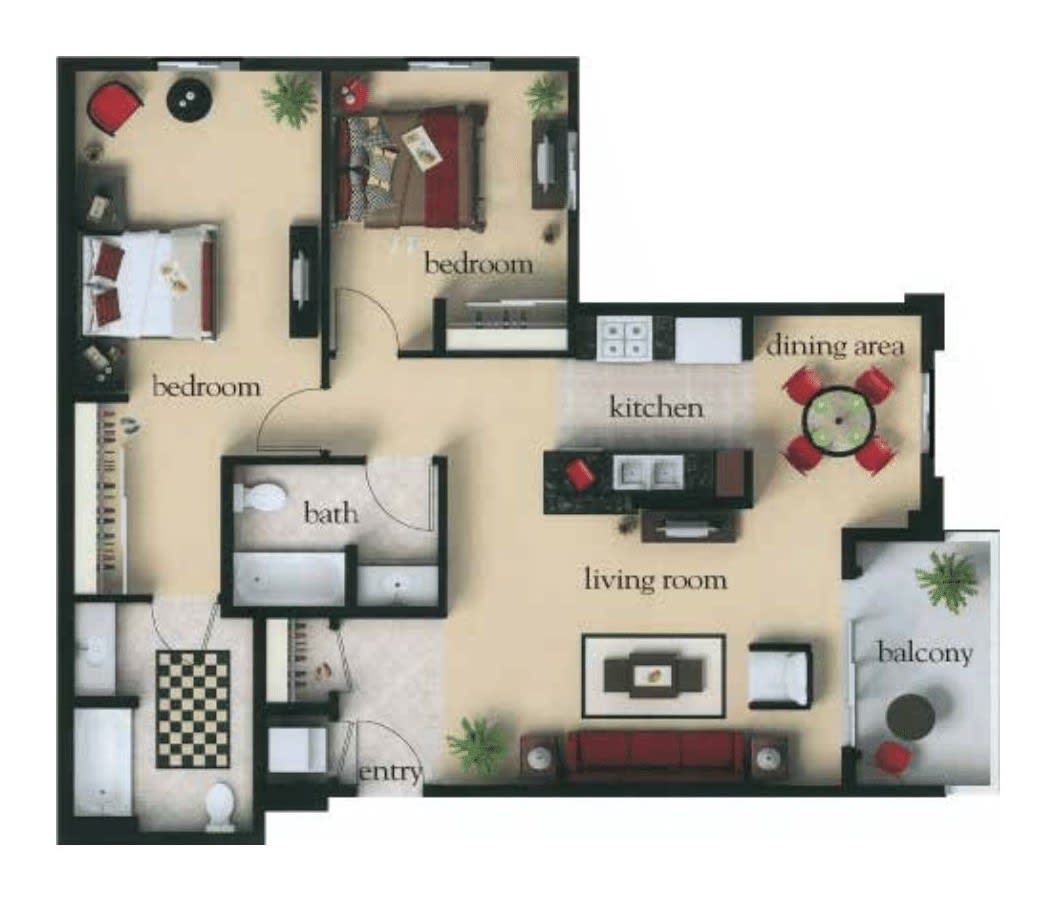 A floor plan of a two-bedroom apartment with a living room, kitchen, bathroom, and balcony.