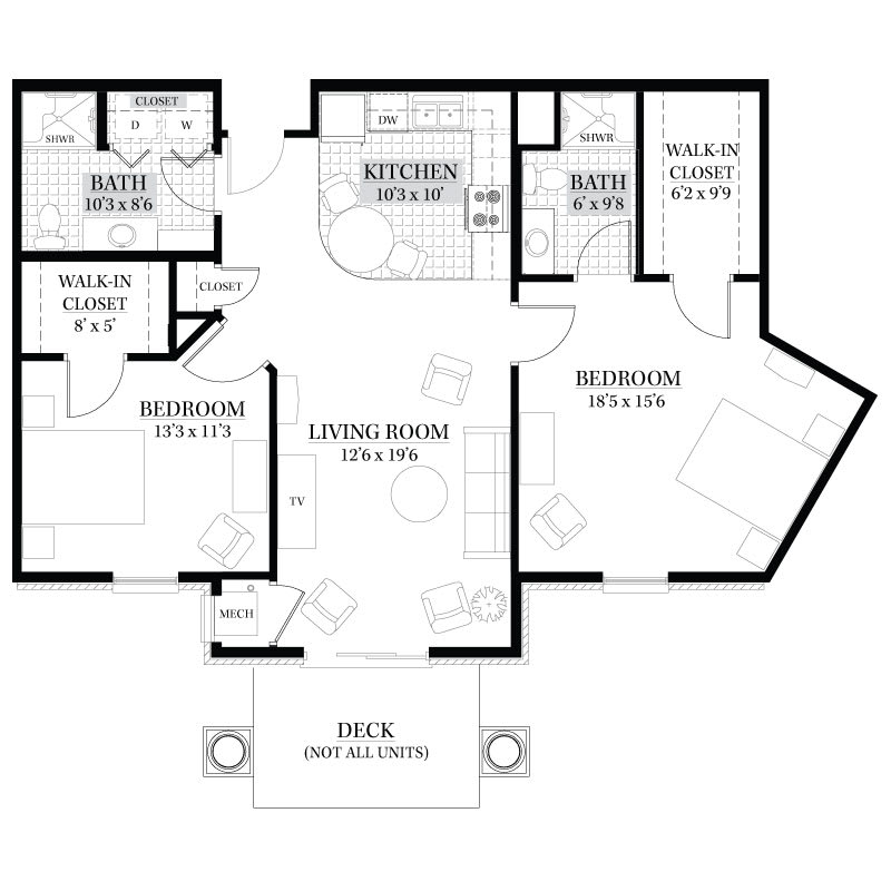 A detailed floor plan of a two-bedroom apartment with labeled rooms and dimensions.
