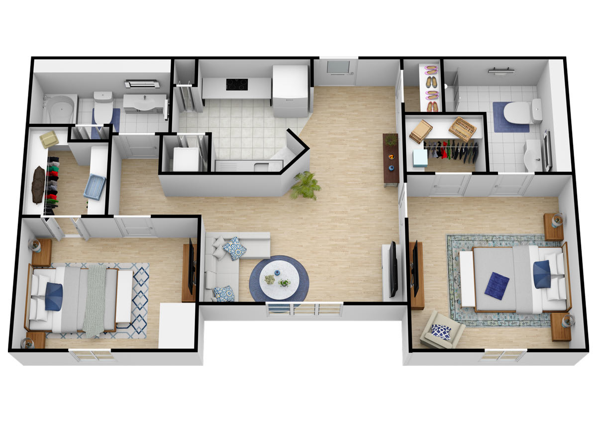 3D floor plan of a modern apartment showing living room, bedrooms, and kitchen layout.