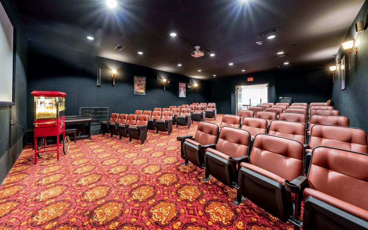 An empty movie theater with rows of comfortable seating and a vibrant carpet.