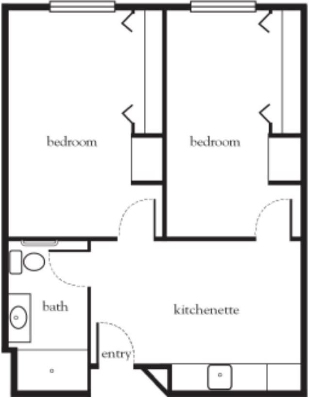 A simple two-bedroom apartment floor plan with a bath and kitchenette.