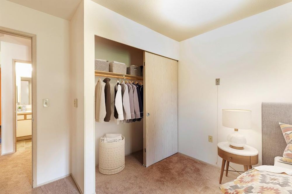 A minimalist bedroom closet with clothes neatly organized.