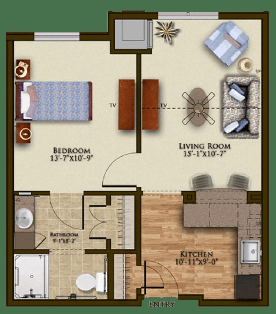 This is a floor plan of a one-bedroom apartment, featuring a living room, kitchen, and bathroom.