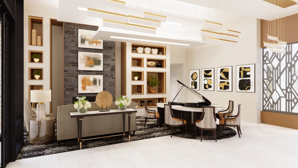 A modern living room featuring a grand piano and elegant artwork.