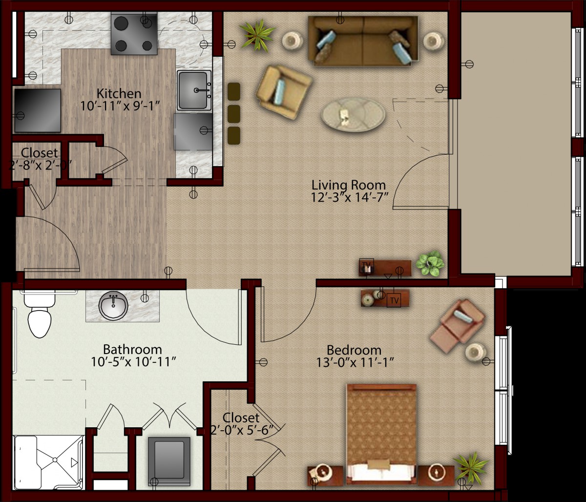 A detailed floor plan of a one-bedroom apartment featuring a kitchen, living room, and bathroom.