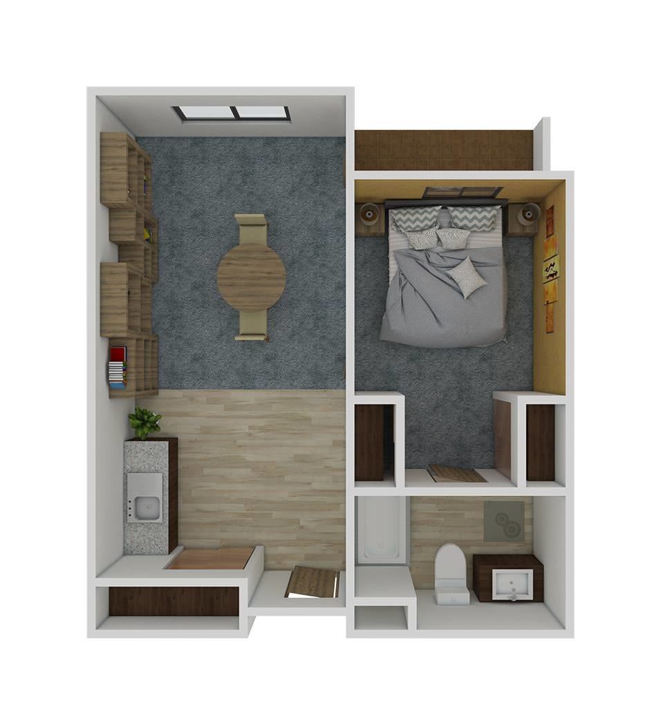 A compact floor plan showcasing a bedroom with an adjoining bathroom.