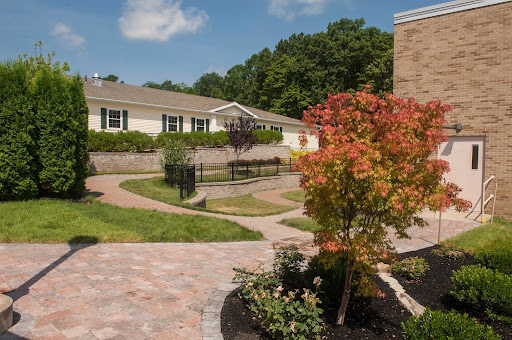 A serene garden area featuring landscaped paths and vibrant trees under a clear blue sky.