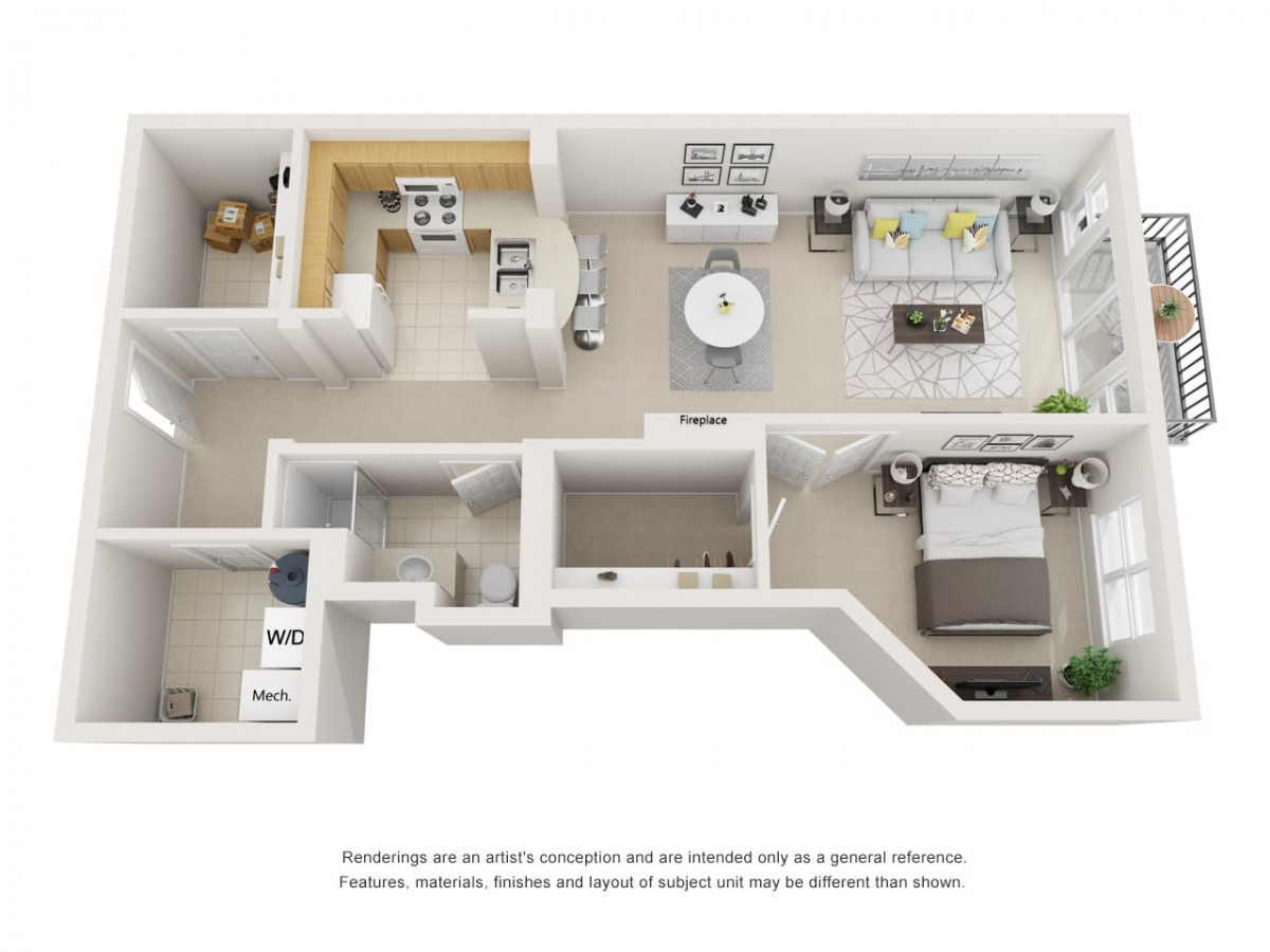 A detailed floor plan of a one-bedroom apartment featuring a living room, kitchen, and bathroom.