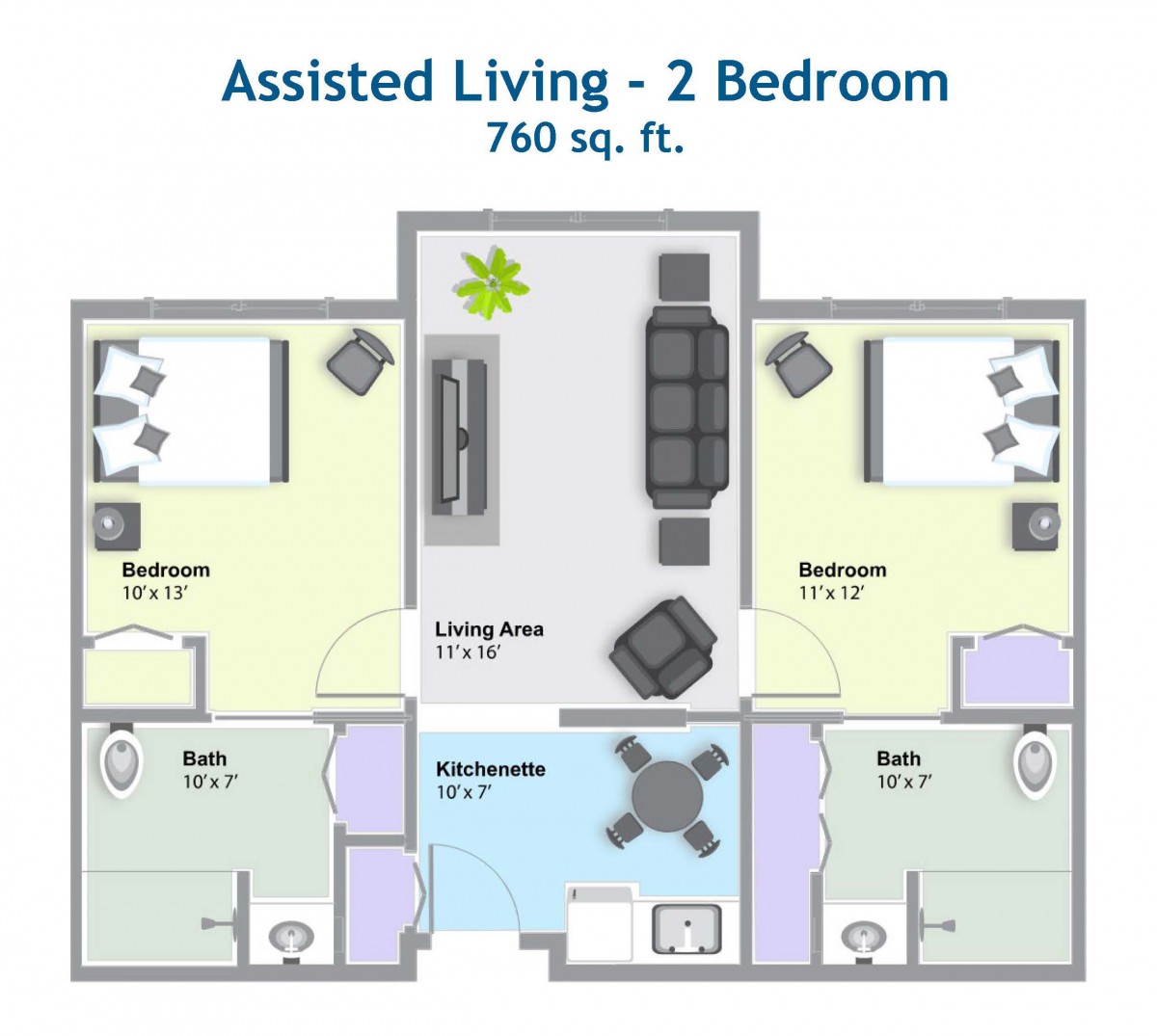 Floor plan of a two-bedroom assisted living apartment covering 760 square feet.