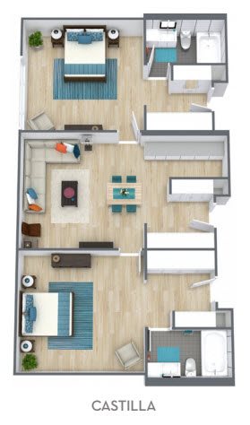 A 3D floor plan of an apartment showcasing a living room, kitchen, and bedroom layout.