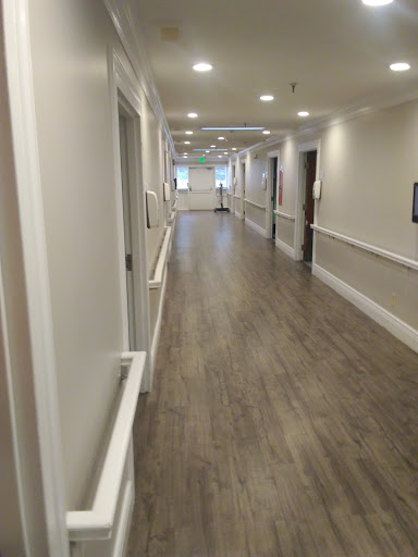 A well-lit hallway featuring modern design elements and wooden flooring.