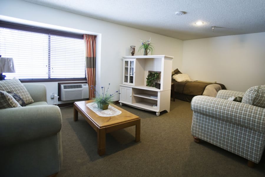 A cozy living room with a sofa, coffee table, and natural light from the window.