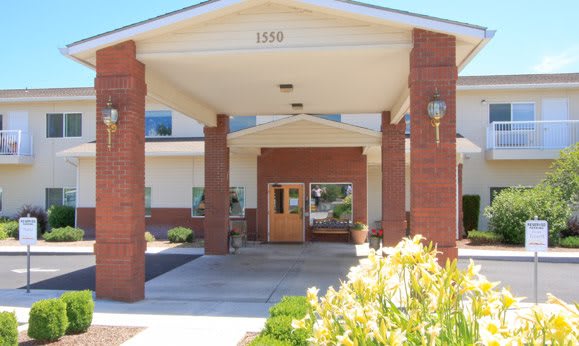 The entrance of a brick building with columns and surrounding landscaping.