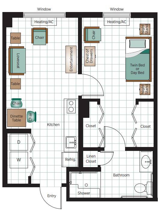 A floor plan of an apartment showing a bedroom, bathroom, kitchen, and living area.