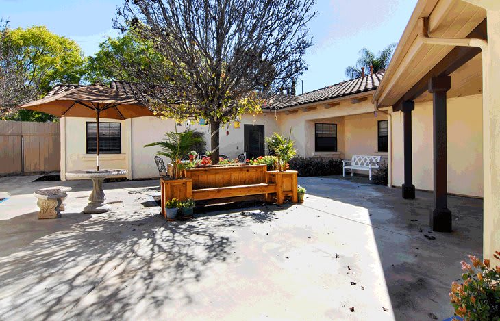 A sunny courtyard with a central tree, surrounded by benches and outdoor seating.