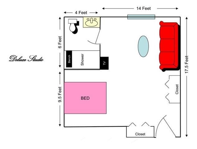 Floor plan layout of a studio apartment featuring a bed, bathroom, and kitchenette.