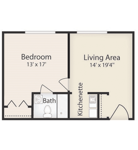 A floor plan of a one-bedroom apartment with a living area, kitchenette, and bathroom.