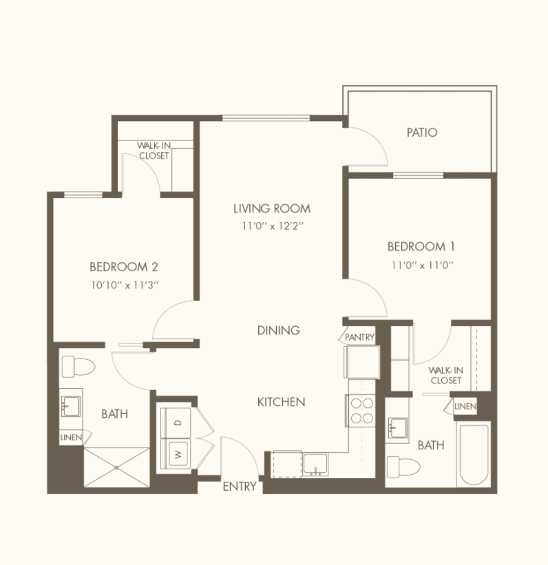 A two-bedroom apartment floor plan with a living room, kitchen, dining area, and balcony.