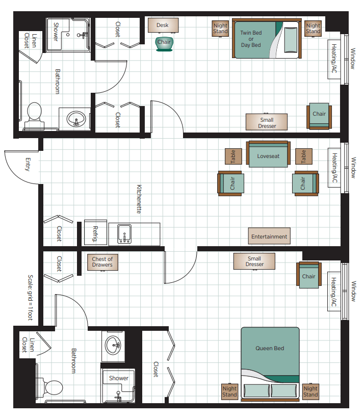 A detailed floor plan of an apartment showing room layouts and furniture arrangements.