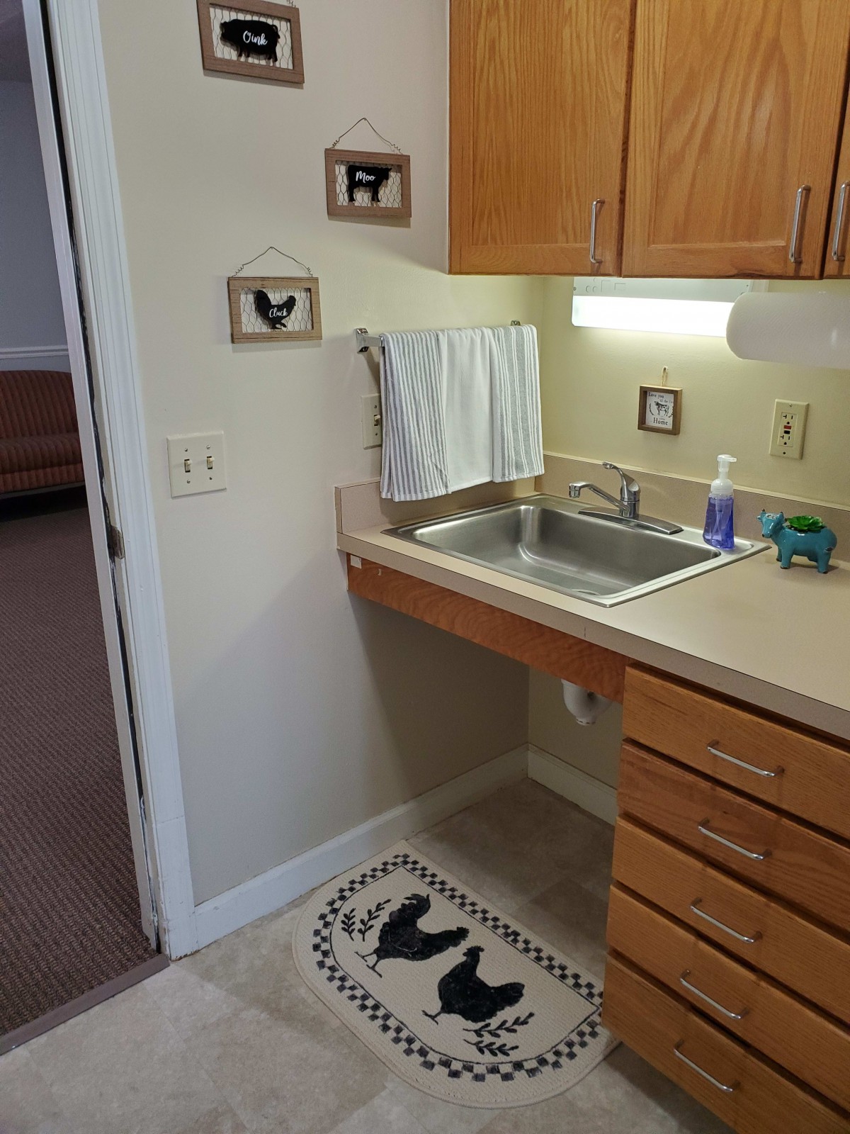 A small kitchen area with a sink, wooden cabinets, and decorative items.
