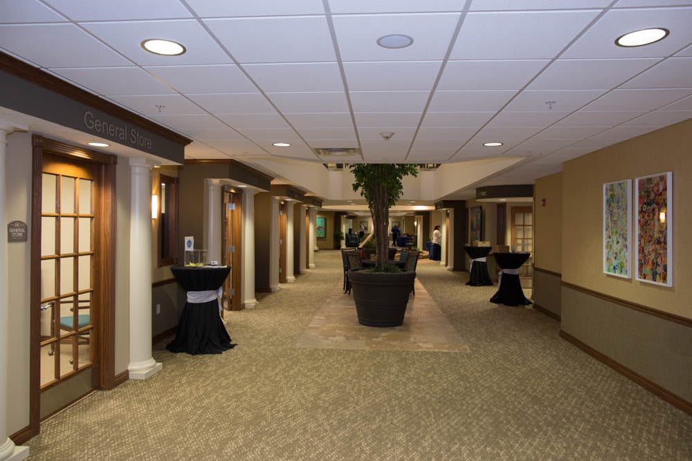 Spacious hotel lobby with carpeted floors and indoor plants.