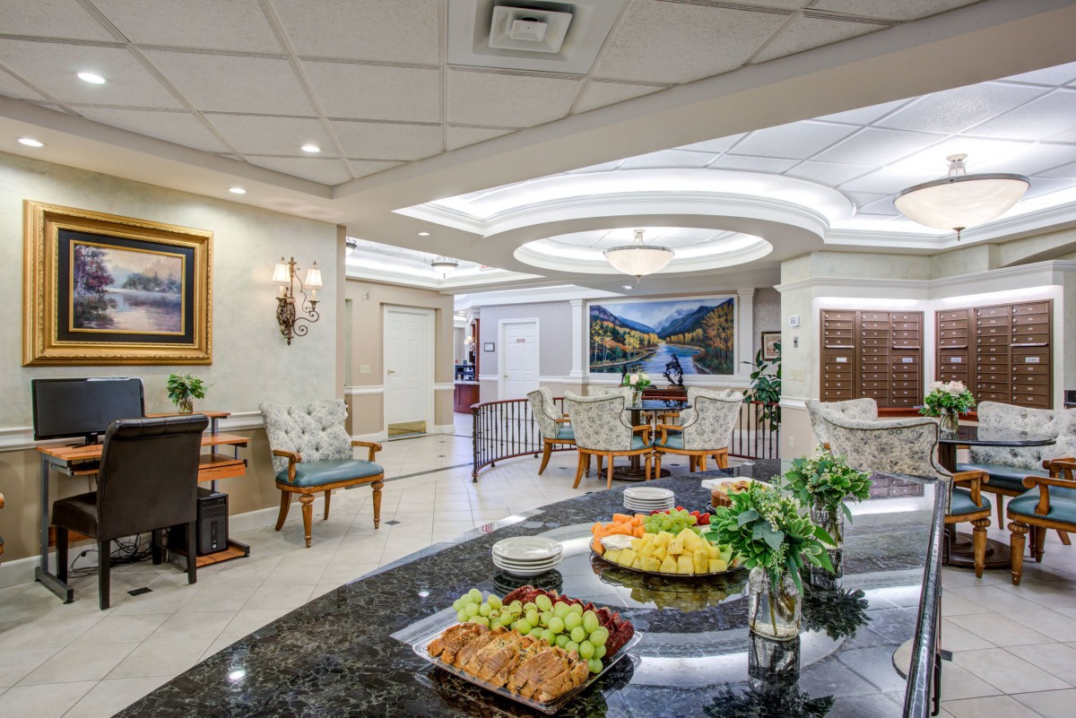A well-decorated lobby with comfortable seating and refreshments.